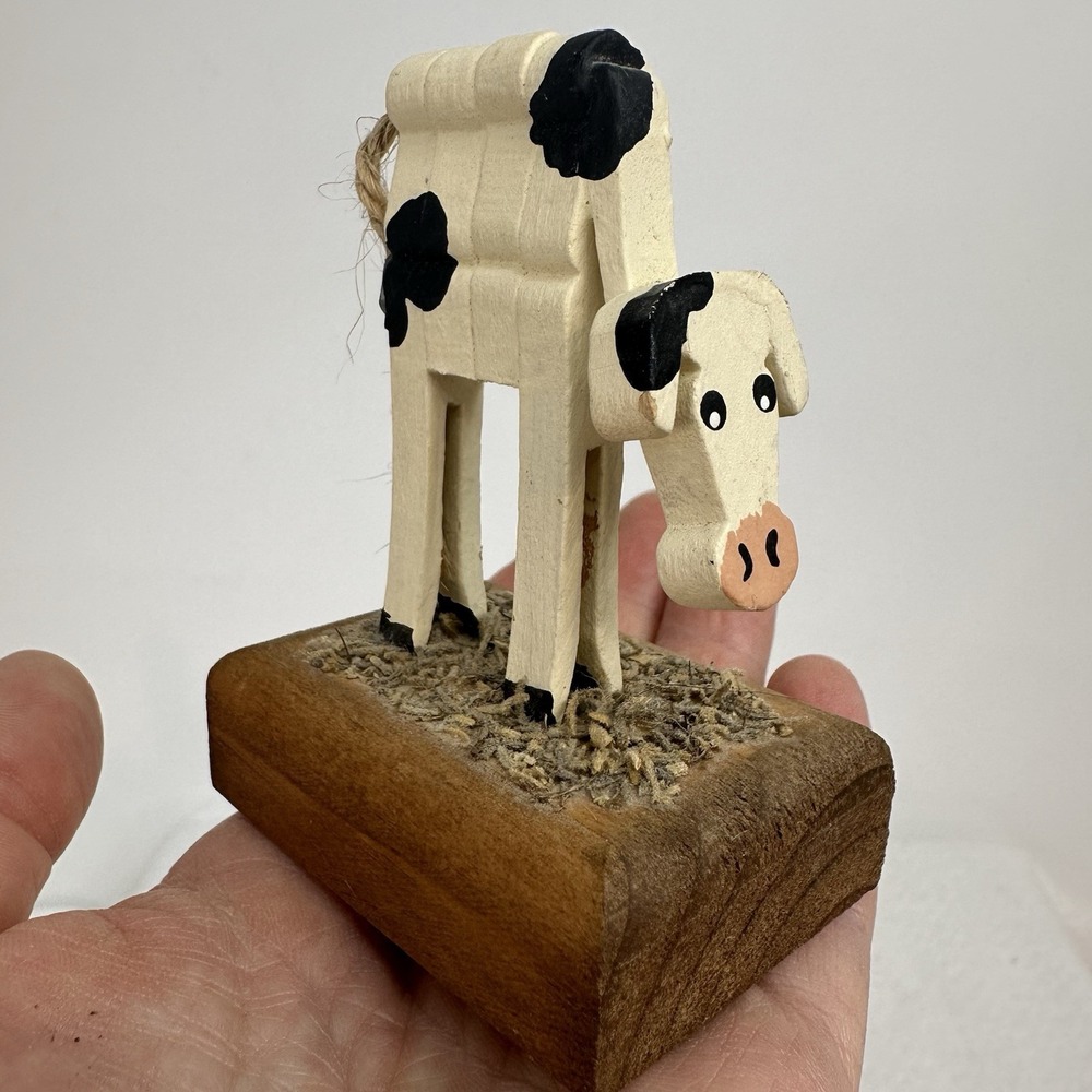 Handmade Wooden‎ Holstein Cow Figurine Country Decor Vintage Hand Painted Farm